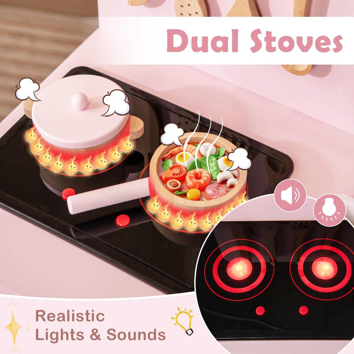 Toddler Pretend Play Kitchen with Light up Stove and Cooking Sounds-Pink