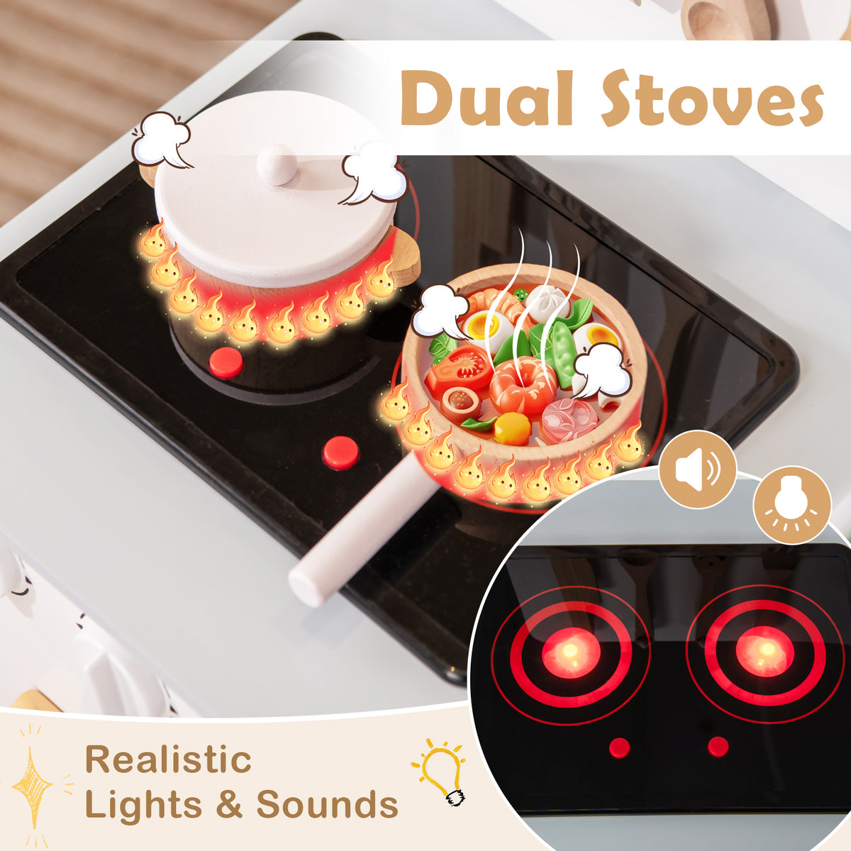 Toddler Pretend Play Kitchen with Light up Stove and Cooking Sounds-White