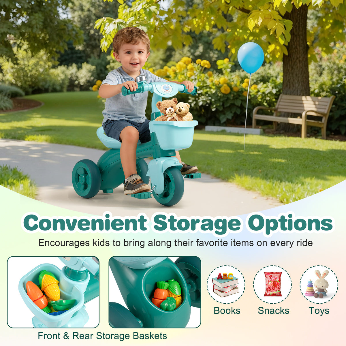 Toddler Tricycle with Limited Steering and Front Storage Basket and Bell-Green