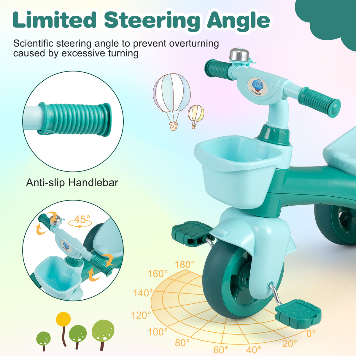 Toddler Tricycle with Limited Steering and Front Storage Basket and Bell-Green