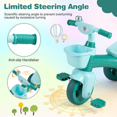 Toddler Tricycle with Limited Steering and Front Storage Basket and Bell-Green