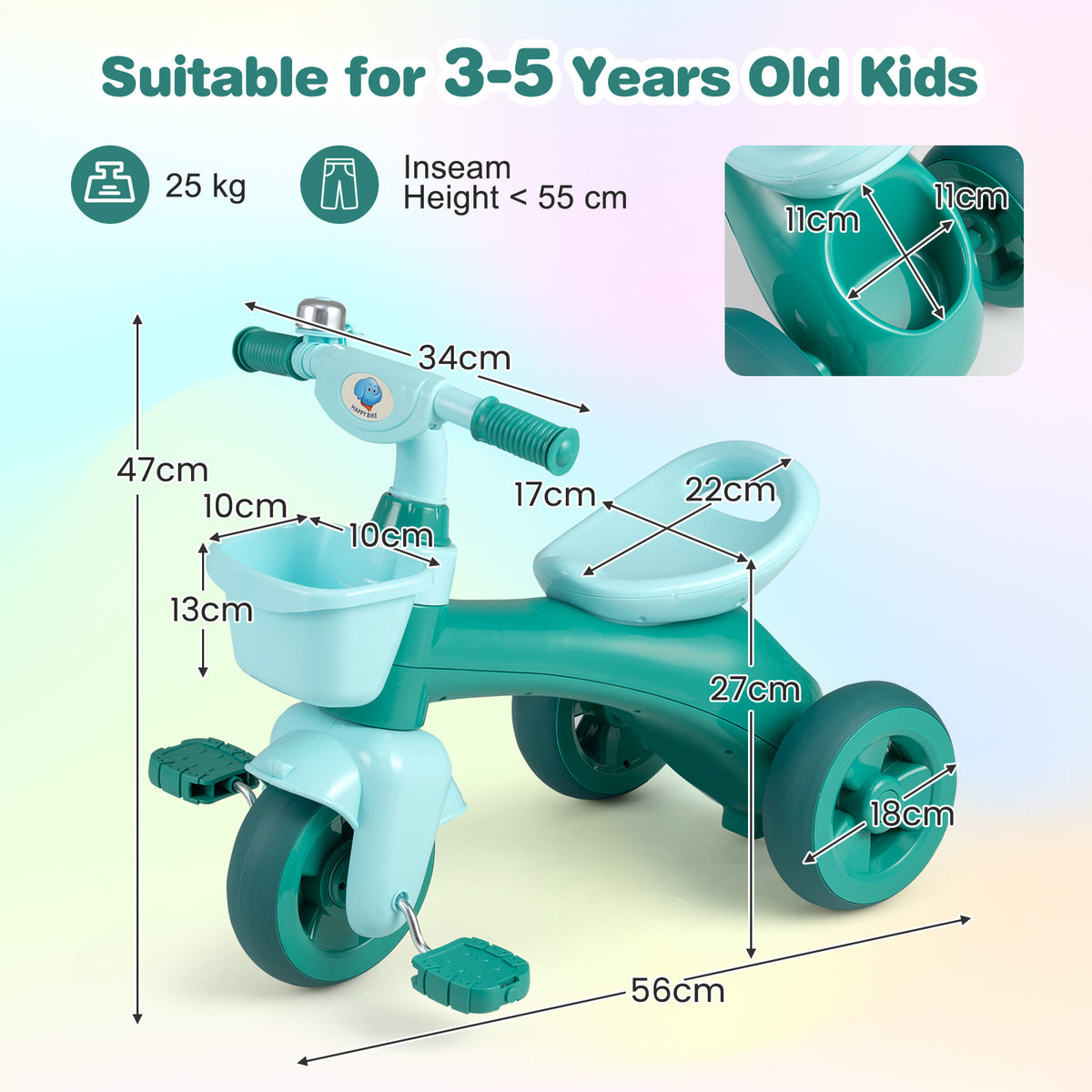 Toddler Tricycle with Limited Steering and Front Storage Basket and Bell-Green