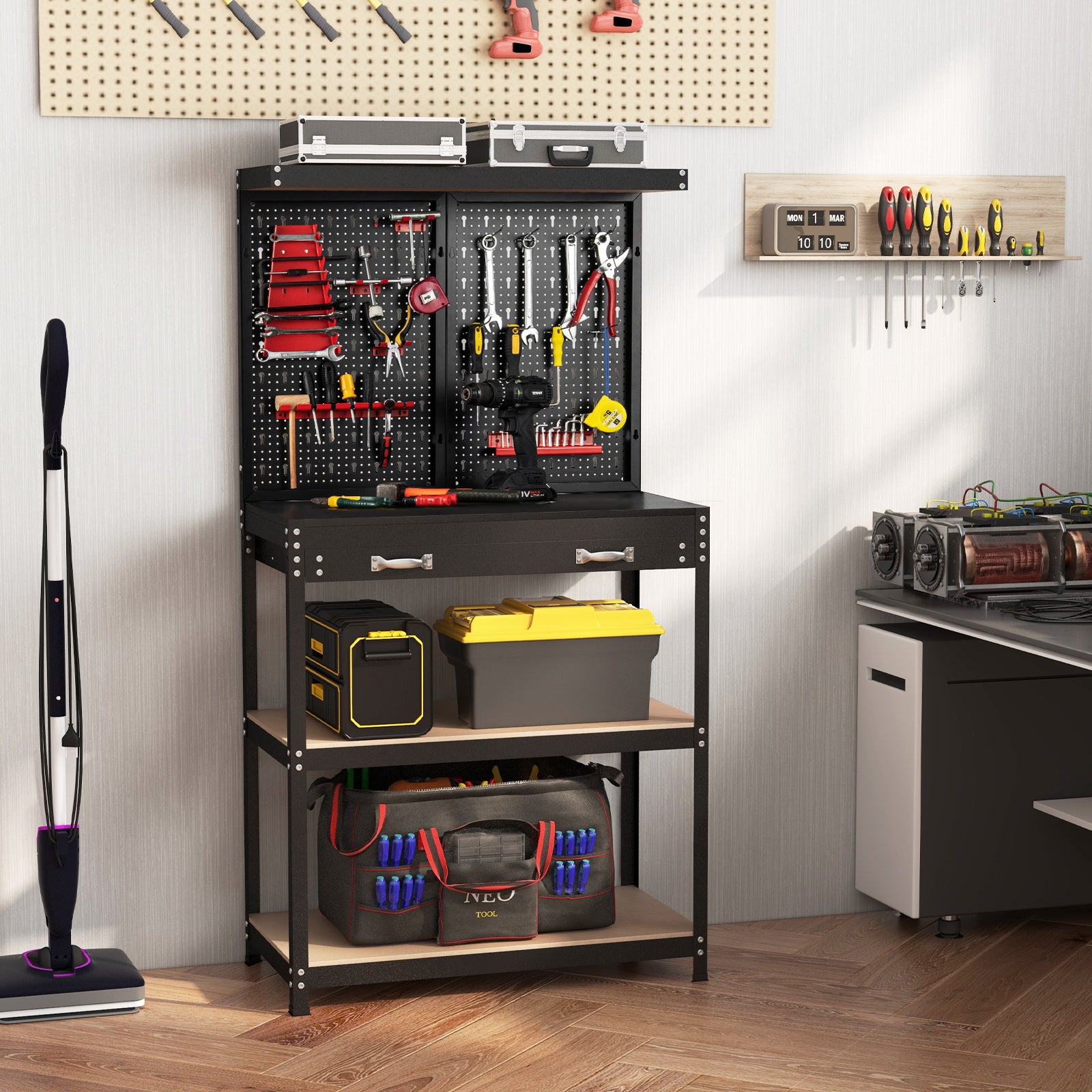 Tool Storage Workbench with Pegboard Shelves and Drawers-Red