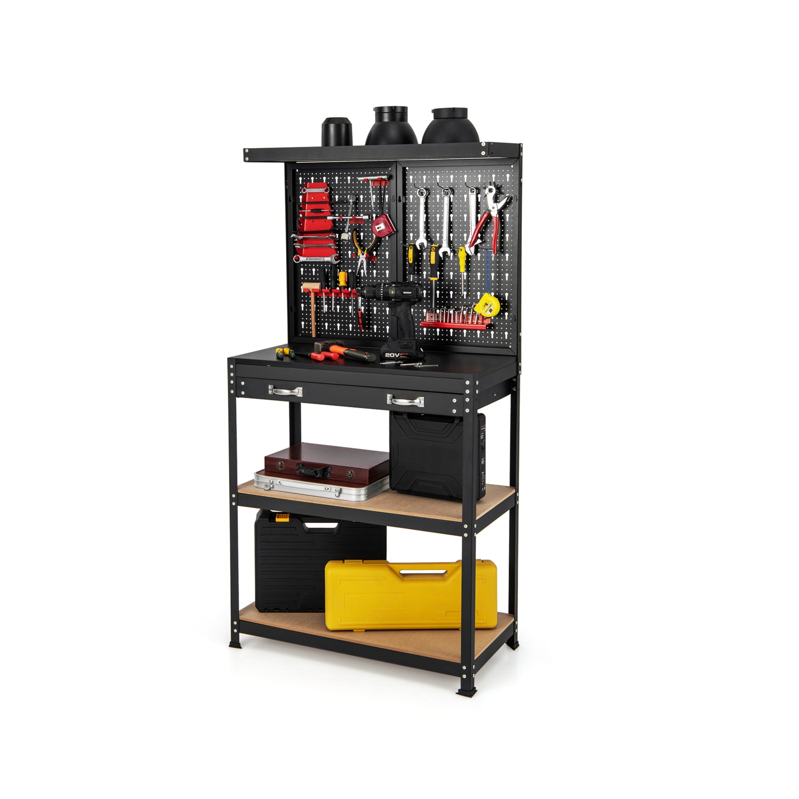 Tool Storage Workbench with Pegboard Shelves and Drawers-Red