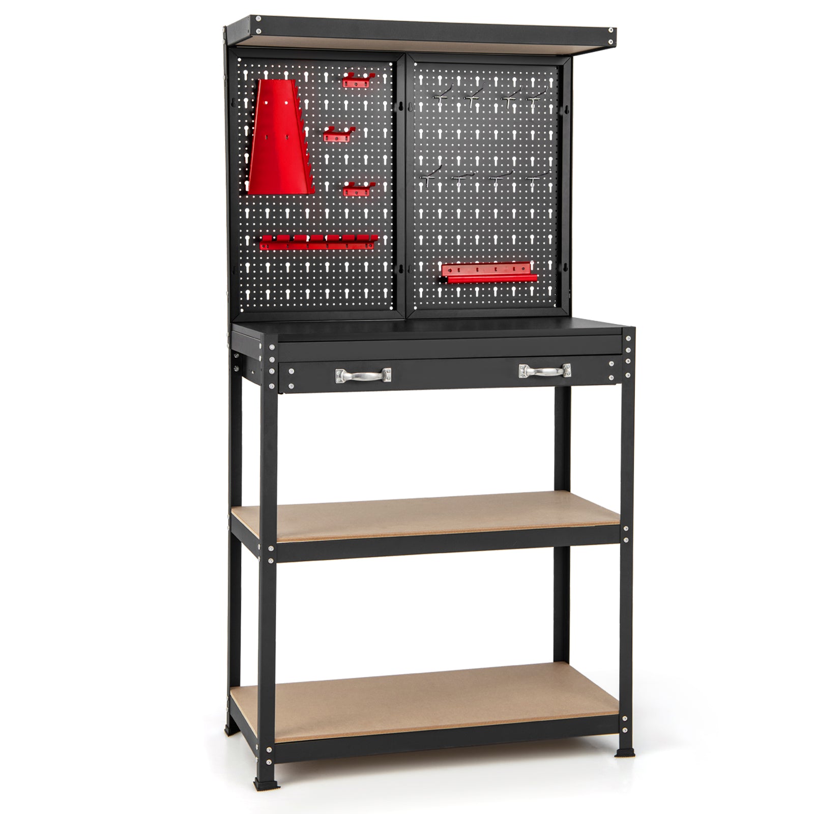 Tool Storage Workbench with Pegboard Shelves and Drawers-Red