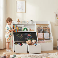 Toy Storage Organizer with Flip-up Blackboard and Movable Drawers for Playroom-White