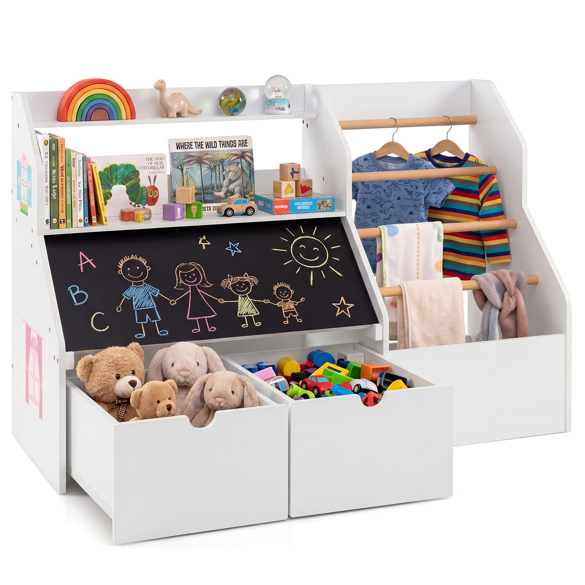 Toy Storage Organizer with Flip-up Blackboard and Movable Drawers for Playroom-White