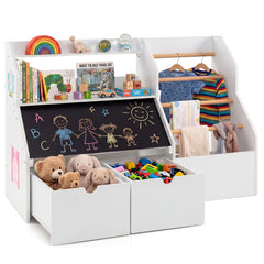 Toy Storage Organizer with Flip-up Blackboard and Movable Drawers for Playroom-White
