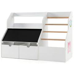 Toy Storage Organizer with Flip-up Blackboard and Movable Drawers for Playroom-White