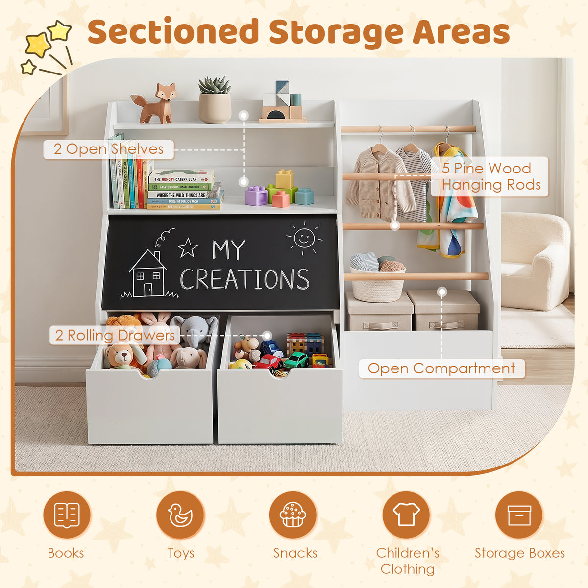 Toy Storage Organizer with Flip-up Blackboard and Movable Drawers for Playroom-White