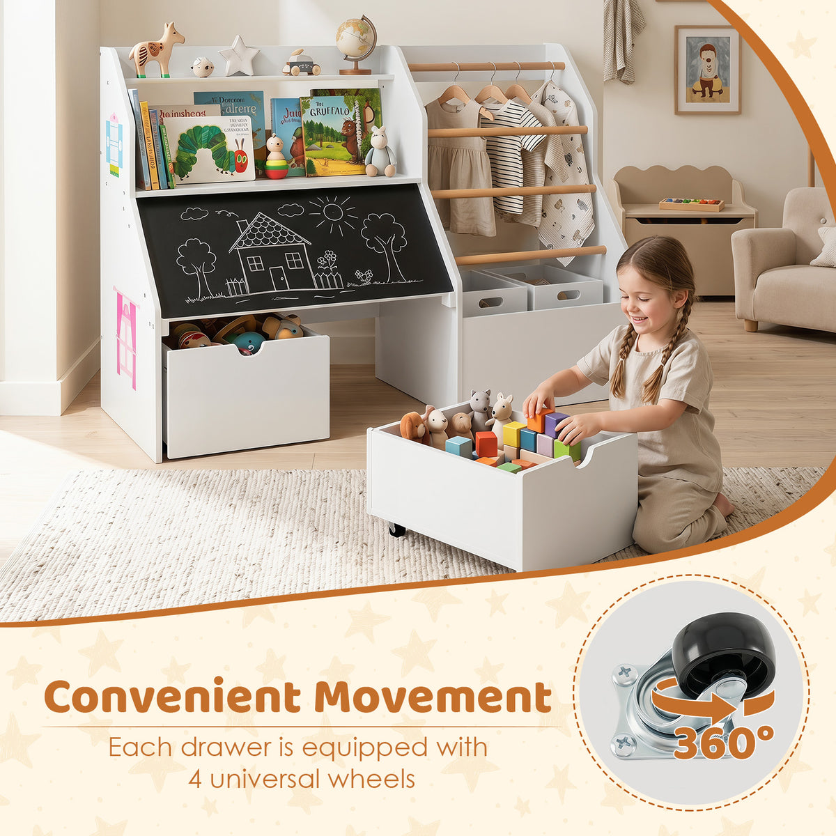 Toy Storage Organizer with Flip-up Blackboard and Movable Drawers for Playroom-White