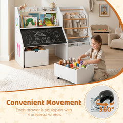 Toy Storage Organizer with Flip-up Blackboard and Movable Drawers for Playroom-White