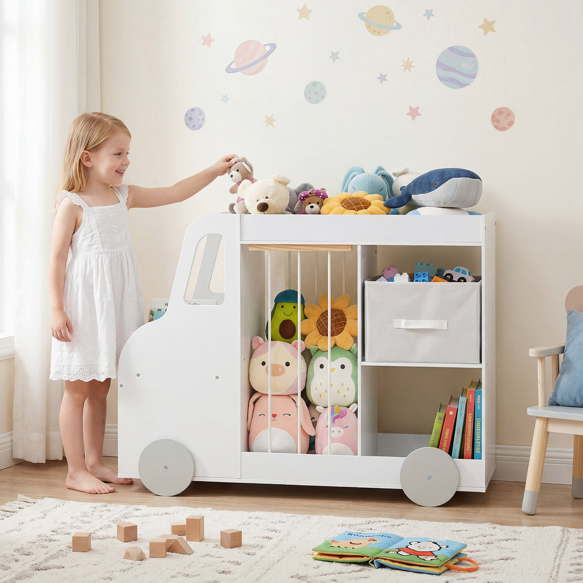Toy Storage Organizer with Open Shelves & Fabric Drawer for Playroom Nursery-White