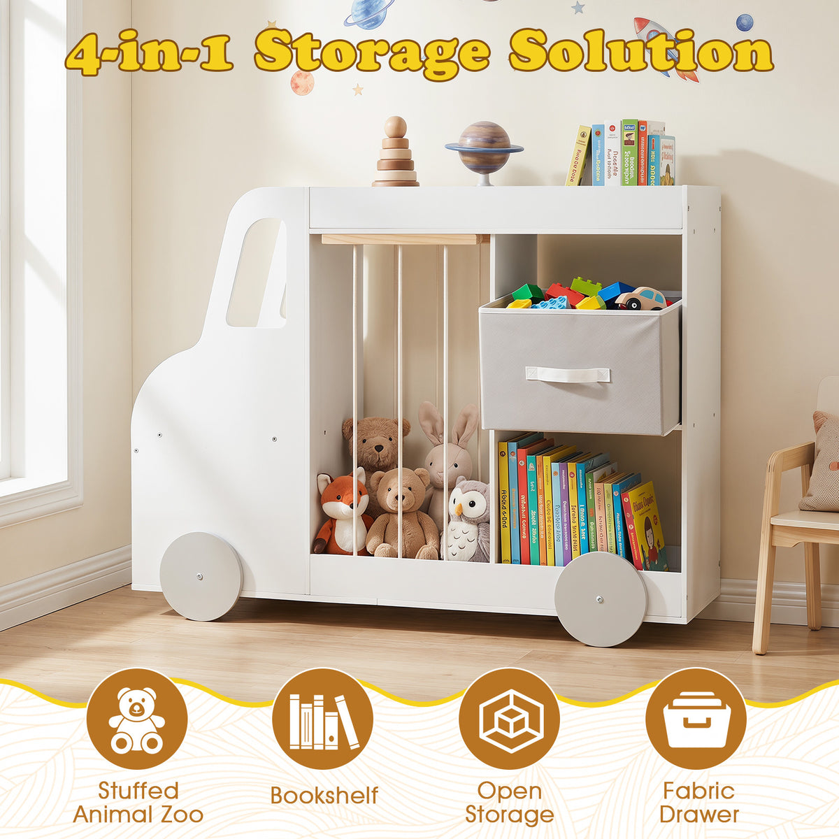 Toy Storage Organizer with Open Shelves & Fabric Drawer for Playroom Nursery-White