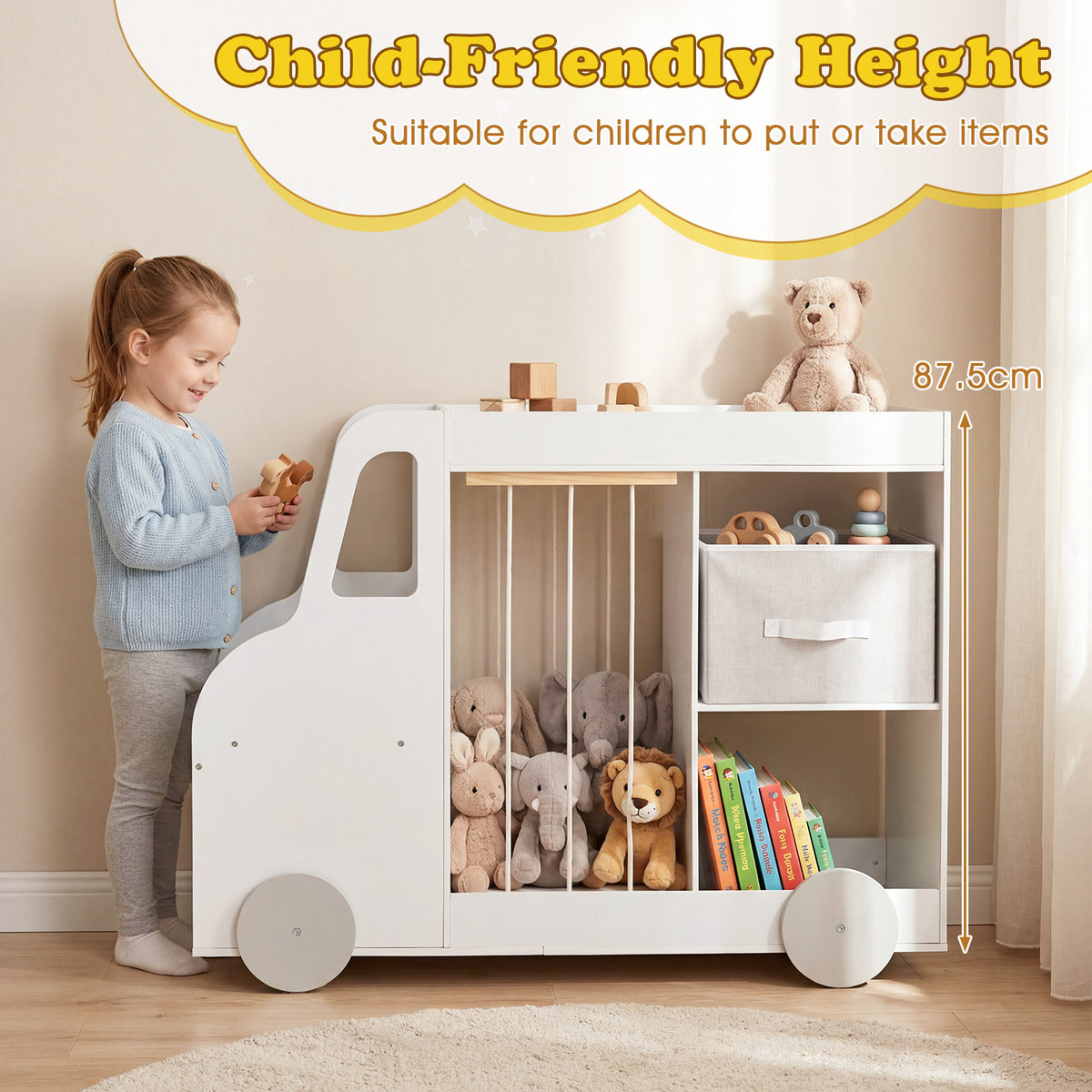 Toy Storage Organizer with Open Shelves & Fabric Drawer for Playroom Nursery-White