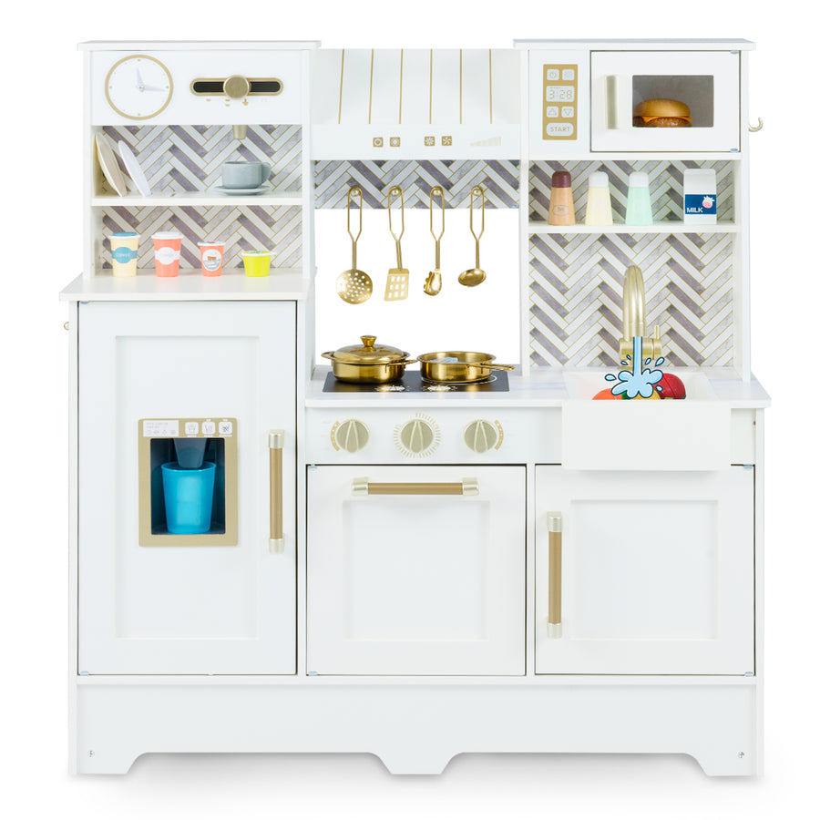 Toy Kitchen Playset with Coffee Station and Range Hood for Kids-White