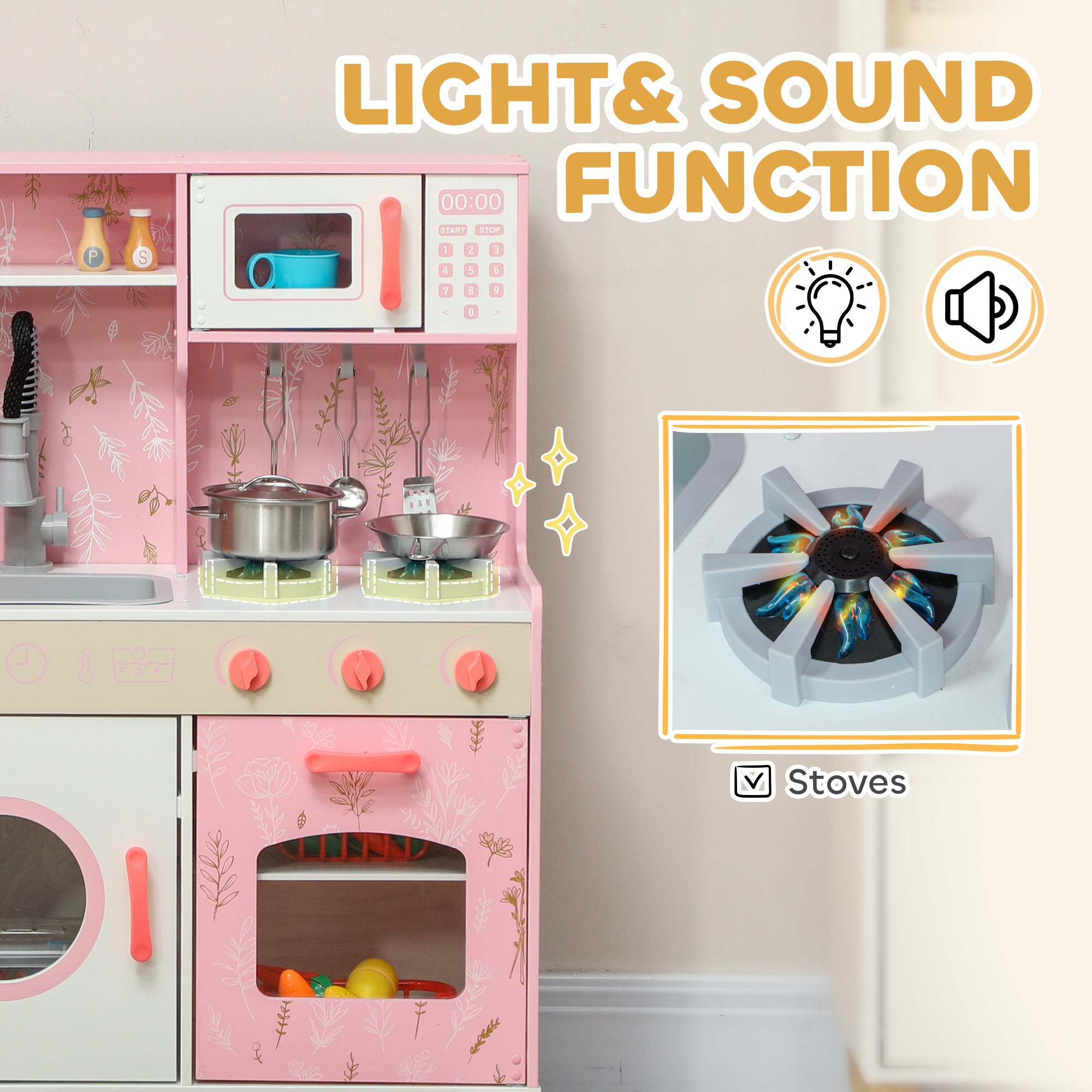 AIYAPLAY Play Kitchen, Kids Kitchen Set with Lights and Sounds, Double Stoves, Ice Maker, Chalkboard for 3+ Years, Pink