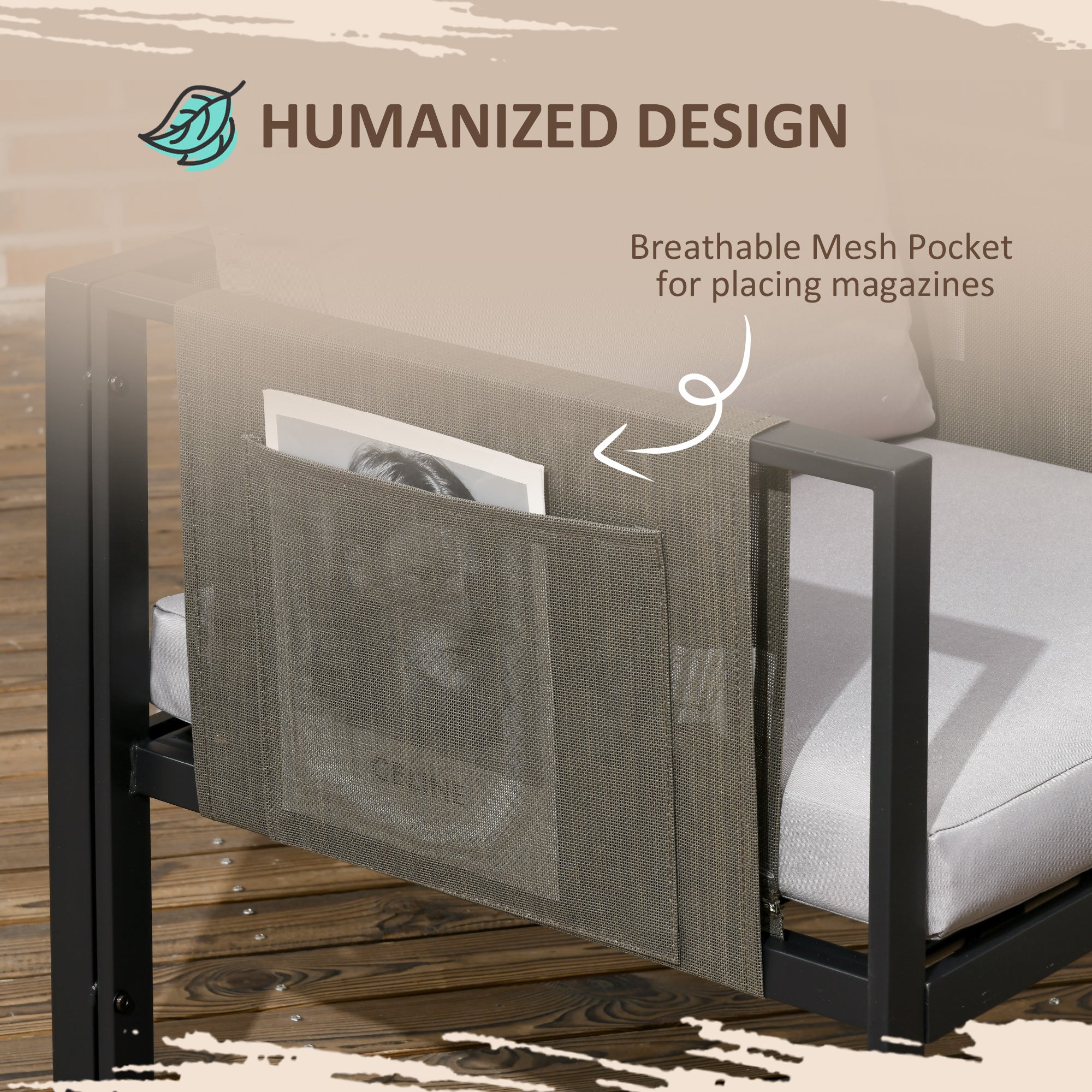 Outsunny 4 Piece Metal Garden Furniture Set with Tempered Glass Coffee Table, Texteline Pocket, Outdoor Set Loveseat Single Armchairs with Padded Cushions, Light Grey