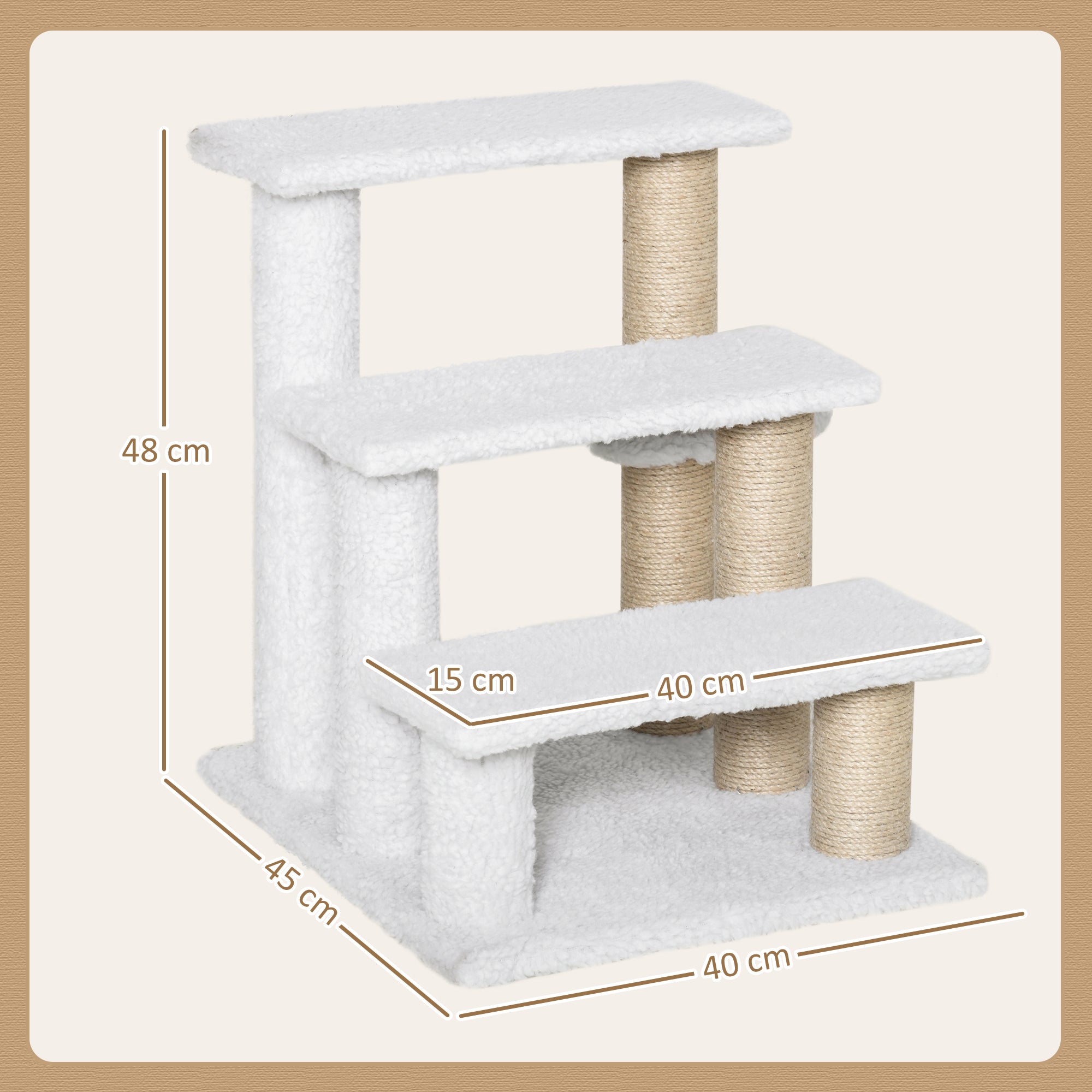 PawHut Pet Stair with 3-step Climb Ladder, Scratching Posts, Platforms, Toy Ball, for Indoor Elderly Cats Kittens, White