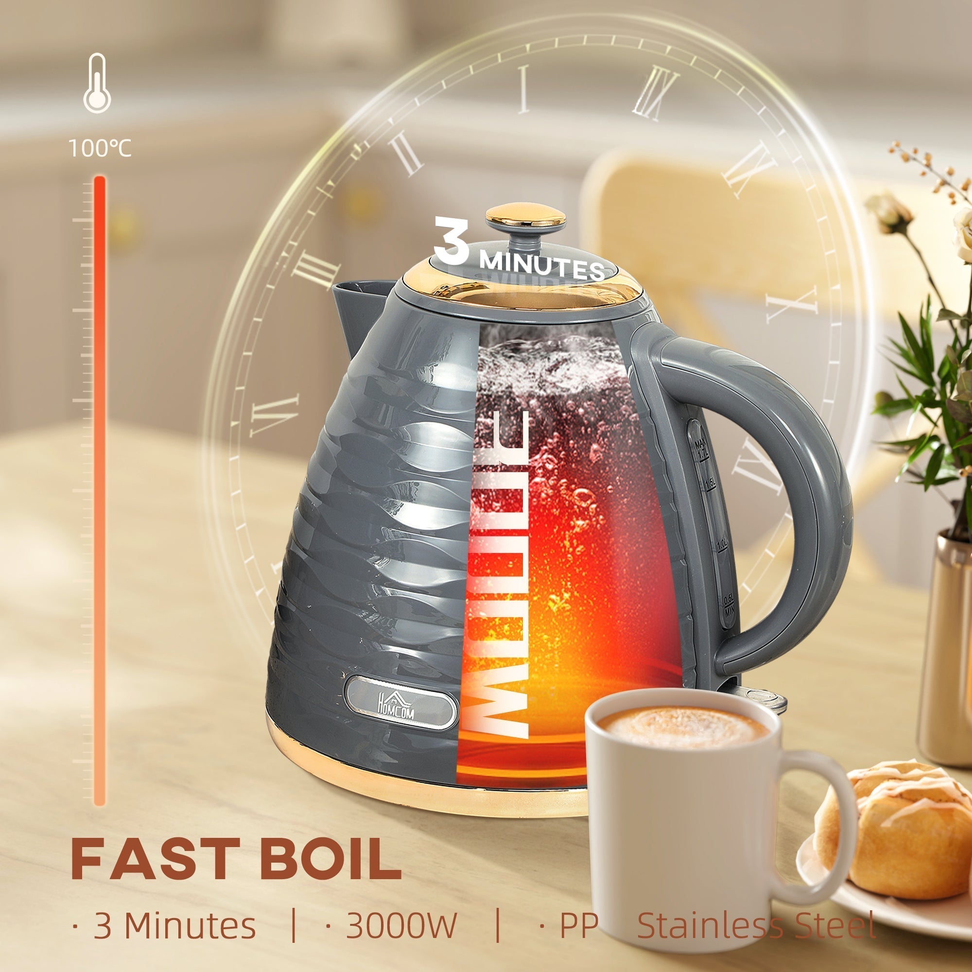 HOMCOM 3kW Rapid Boil Honeycomb Kettle - Grey