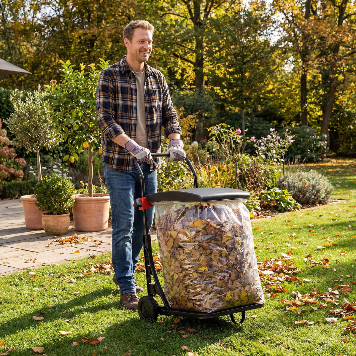 Trash Bag Holder with Wheels Moving Leaf Bag Stand Cart Yard Waste Can with Lid
