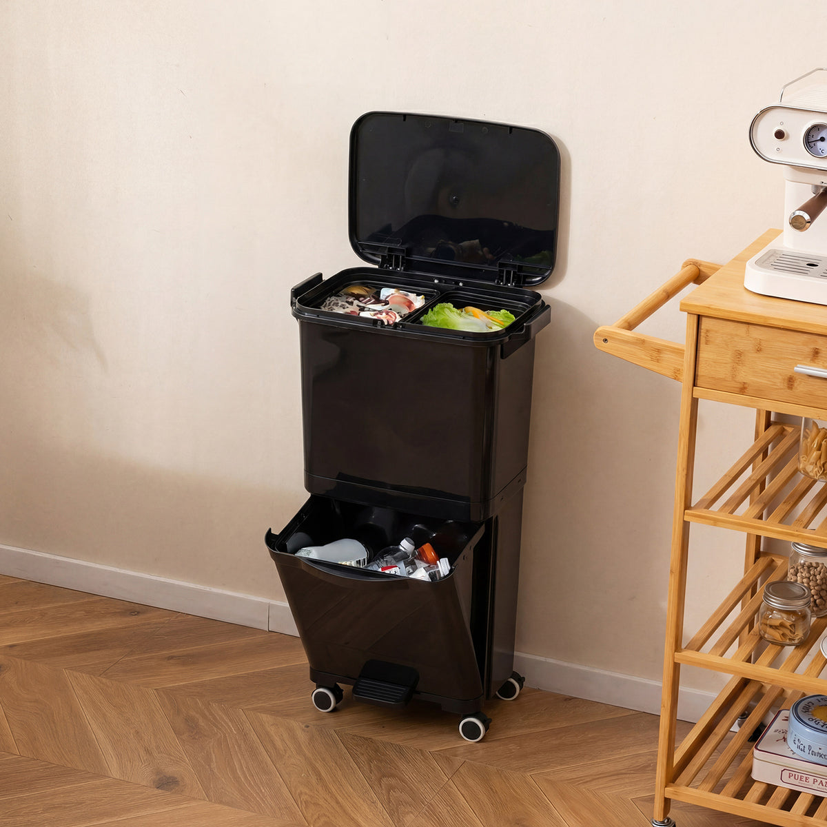 Trash Can with 2 Removable Bins and Tilting Compartment for Kitchen Office-Black