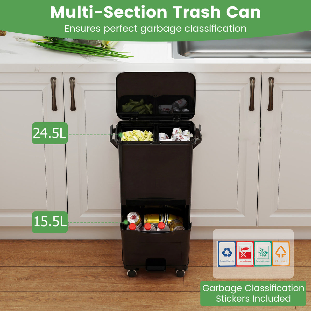 Trash Can with 2 Removable Bins and Tilting Compartment for Kitchen Office-Black