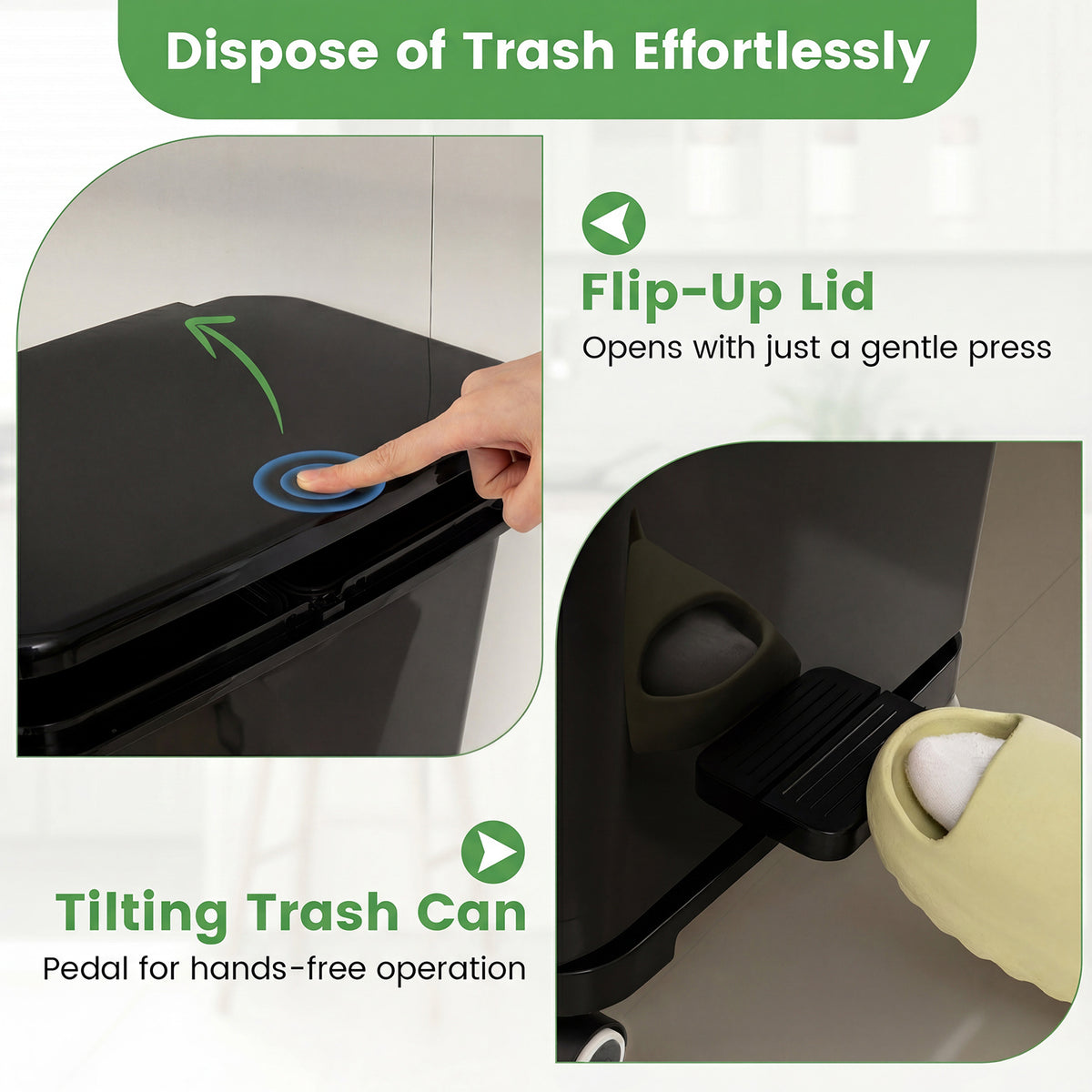 Trash Can with 2 Removable Bins and Tilting Compartment for Kitchen Office-Black
