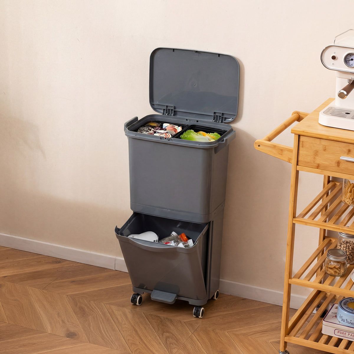 Trash Can with 2 Removable Bins and Tilting Compartment for Kitchen Office-Grey