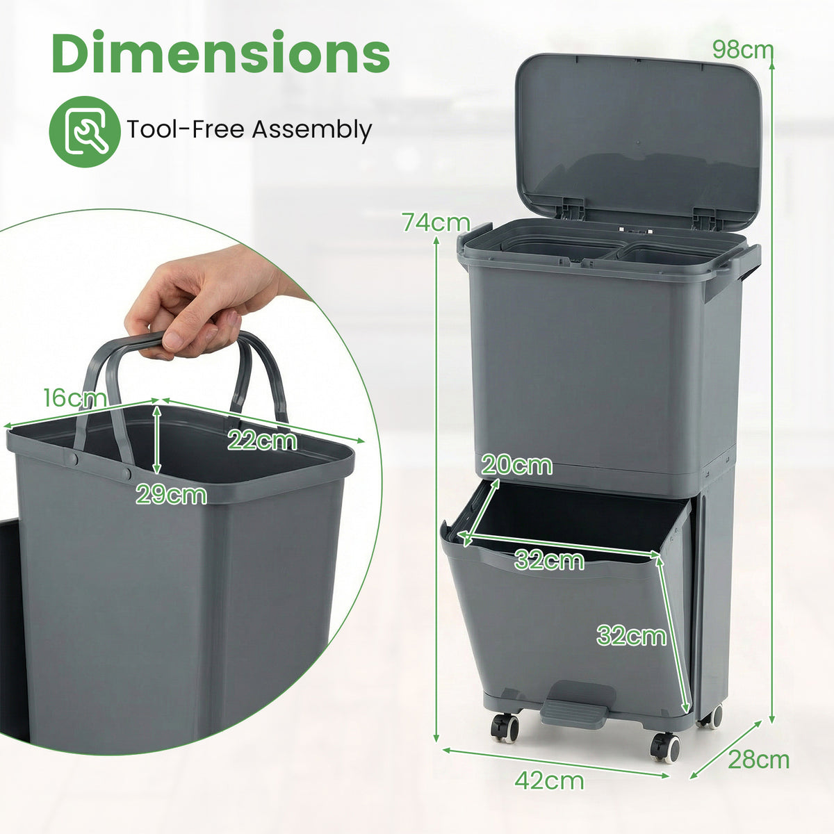 Trash Can with 2 Removable Bins and Tilting Compartment for Kitchen Office-Grey