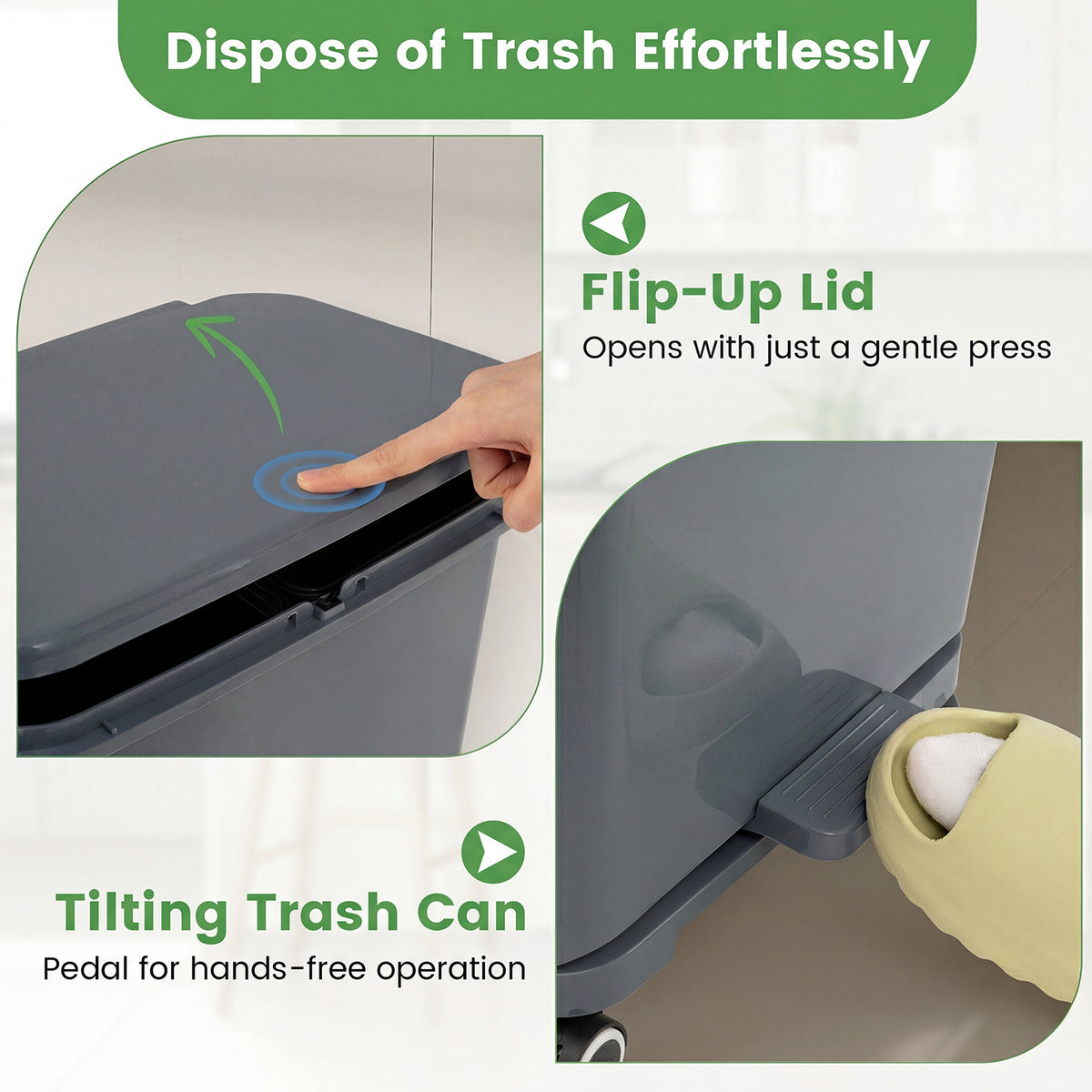 Trash Can with 2 Removable Bins and Tilting Compartment for Kitchen Office-Grey