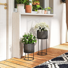 Outsunny Metal Plant Pots Set of 2 with Hollow Design Flower Planters for Garden Balcony Black