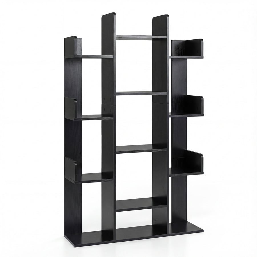 Tree Bookshelf Corner Books Storage Organizer with 13 Open Shelves-Black