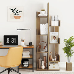The tree-shaped bookcase is shown in a home office setting with a desk and chair