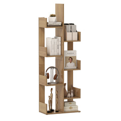 Close-up of the tree-shaped bookcase showing the arrangement of shelves and items