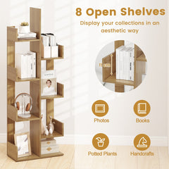 The tree-shaped bookcase displaying items like books, potted plants and photos on its shelves