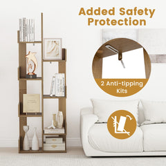 The tree-shaped bookcase shown with anti-tipping kits for added safety