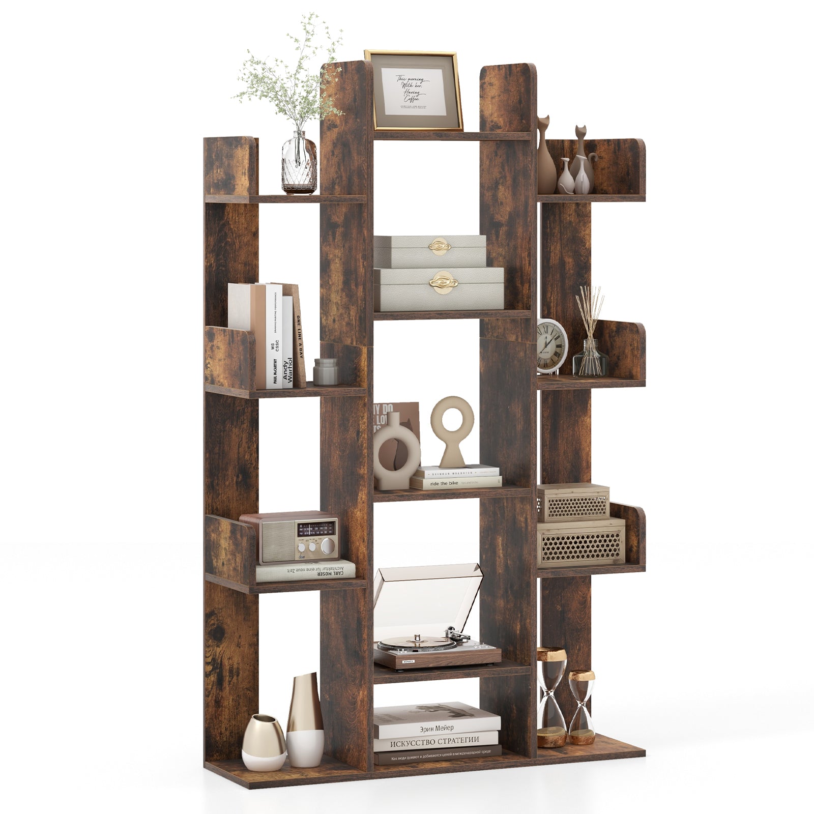 Tree Bookshelf Corner Books Storage Organizer with 13 Open Shelves-Rustic Brown