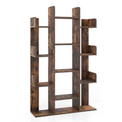 Back view of the rustic brown tree bookcase with 13 open shelves
