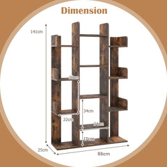 Dimension diagram for the rustic brown tree bookcase showing height and width