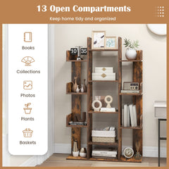 The tree bookcase with 13 open shelves, showing organised books, photos and plants