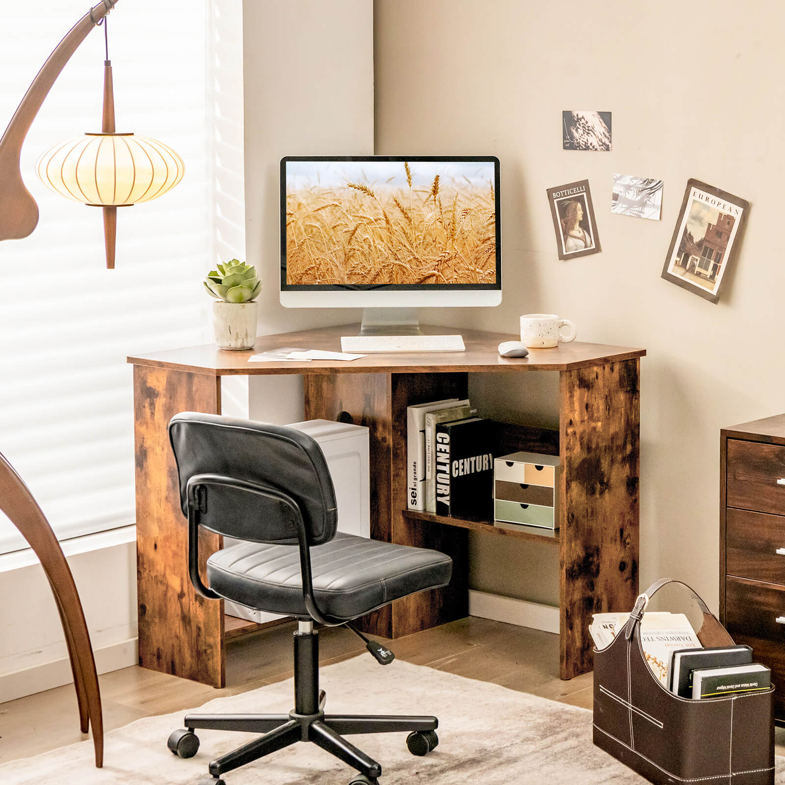 Triangle Corner Computer Desk with Open Shelf and Cable Holes-Rustic Brown
