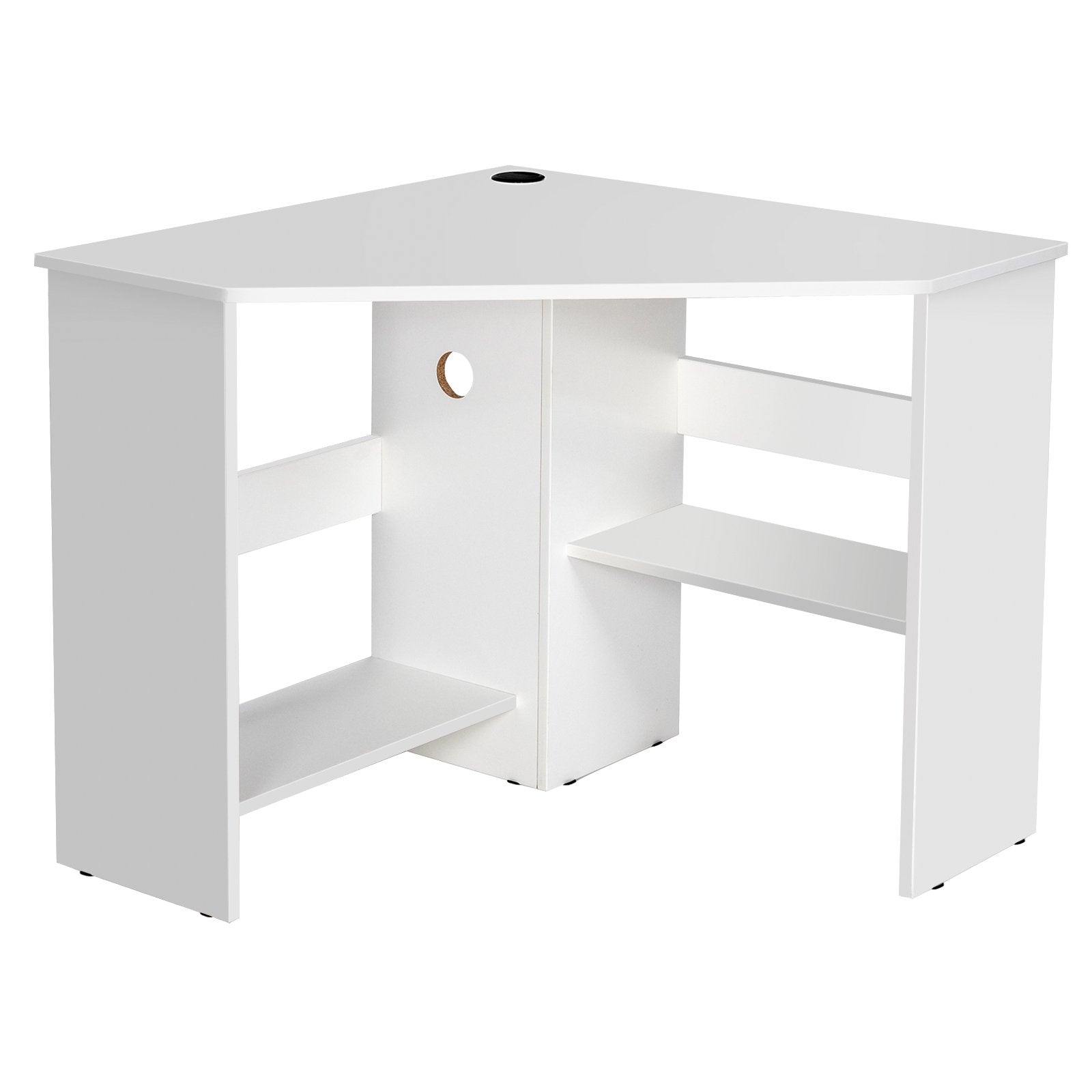 Triangle Corner Computer Desk with Open Shelf and Cable Holes-White