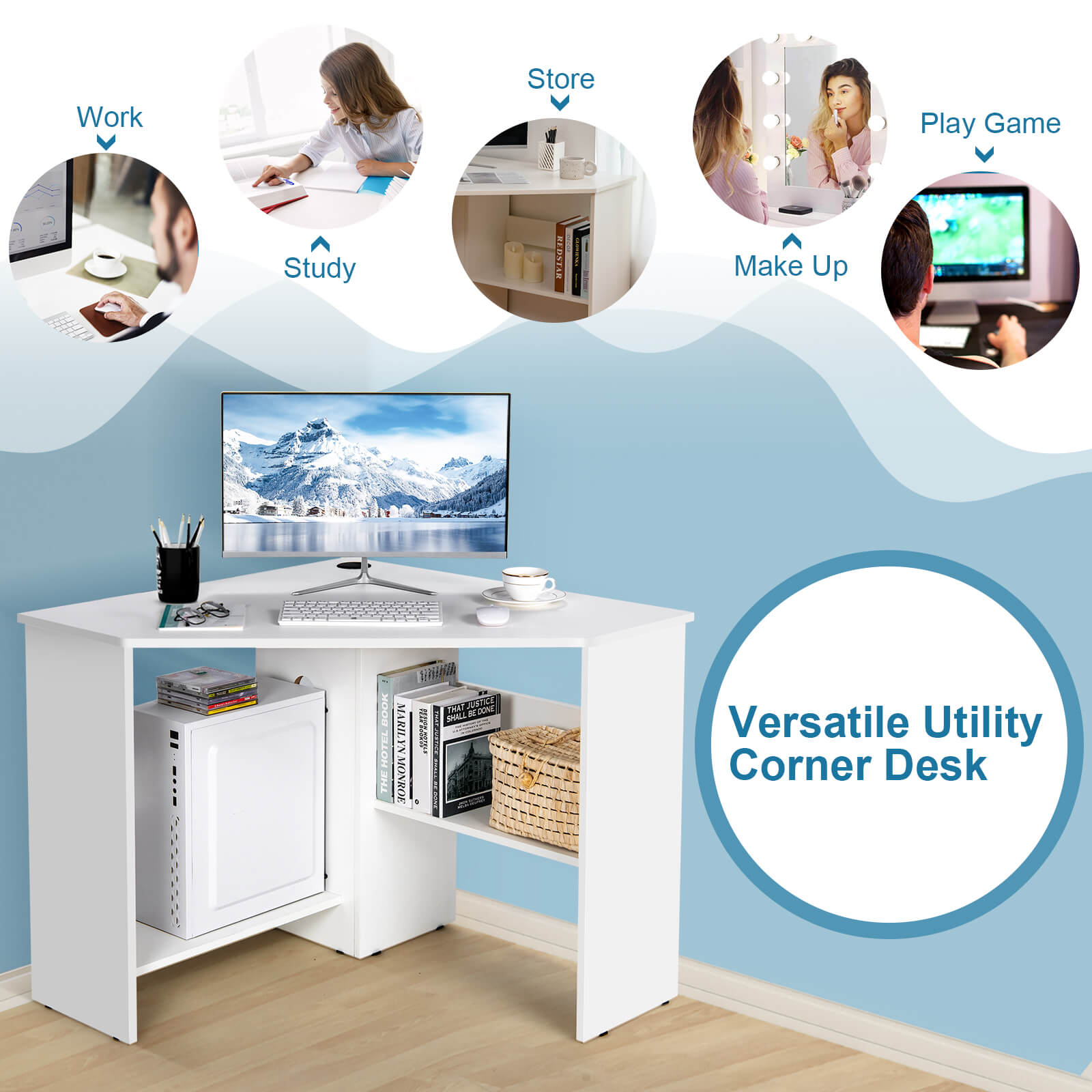 Triangle Corner Computer Desk with Open Shelf and Cable Holes-White