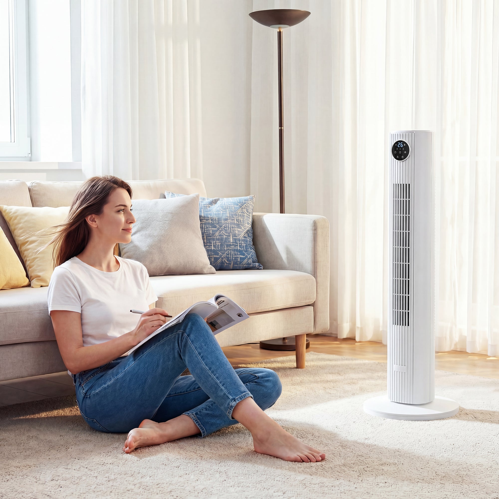 HOMCOM 28dB Tower Fan for Bedroom, 26 ft/s Velocity Standing Cooling Fan with 80Â° Oscillating, 12 Speeds, LED Display, 4 Modes, 12H Timer, Remote Control, 36 inch, White