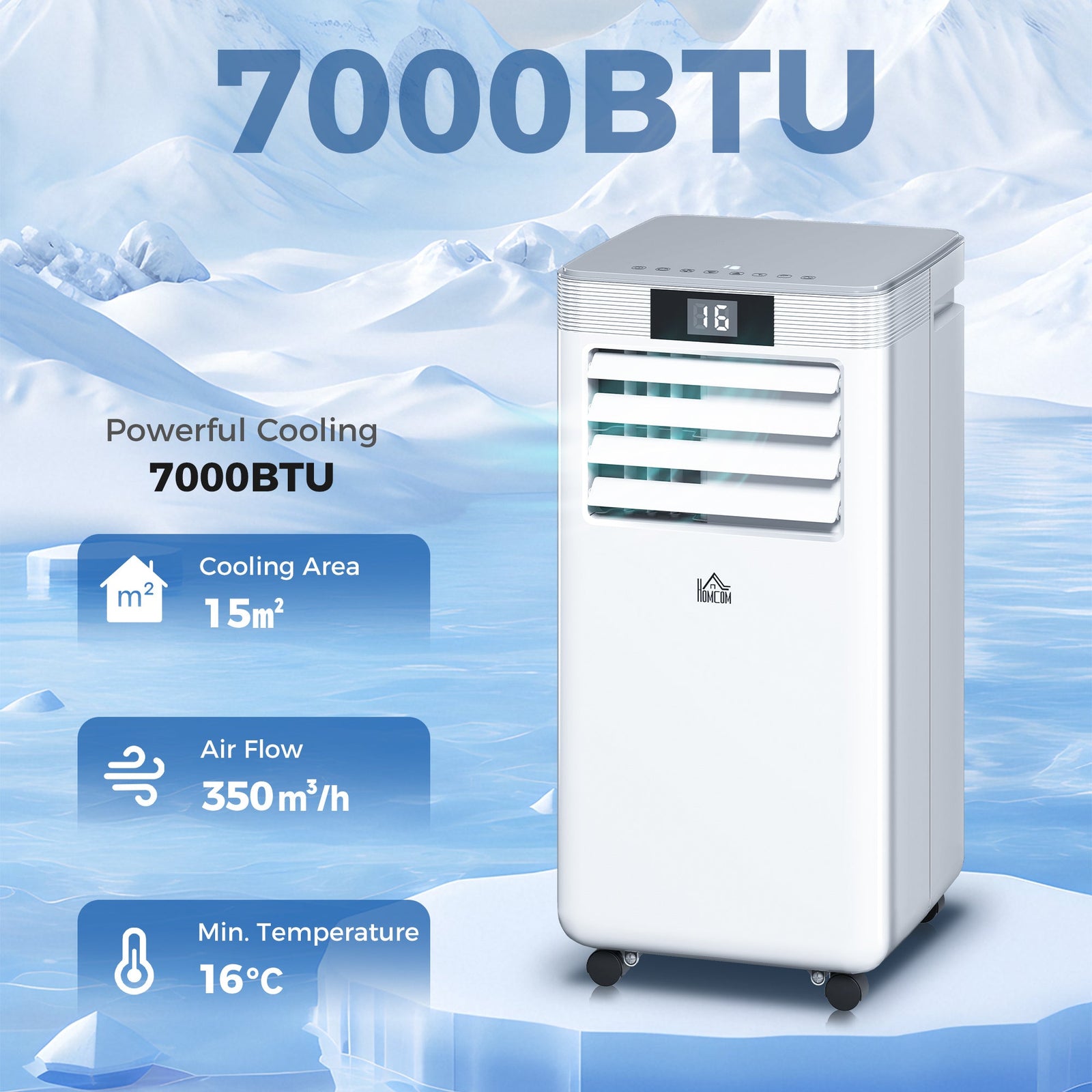 HOMCOM 7000 BTU Air Conditioning Unit, 3-in-1 Portable Air Conditioner, Dehumidifier, Cooling Fan with Remote Control, LED Display, 2 Speeds, 24H Timer, Window Venting Kit, 15m²