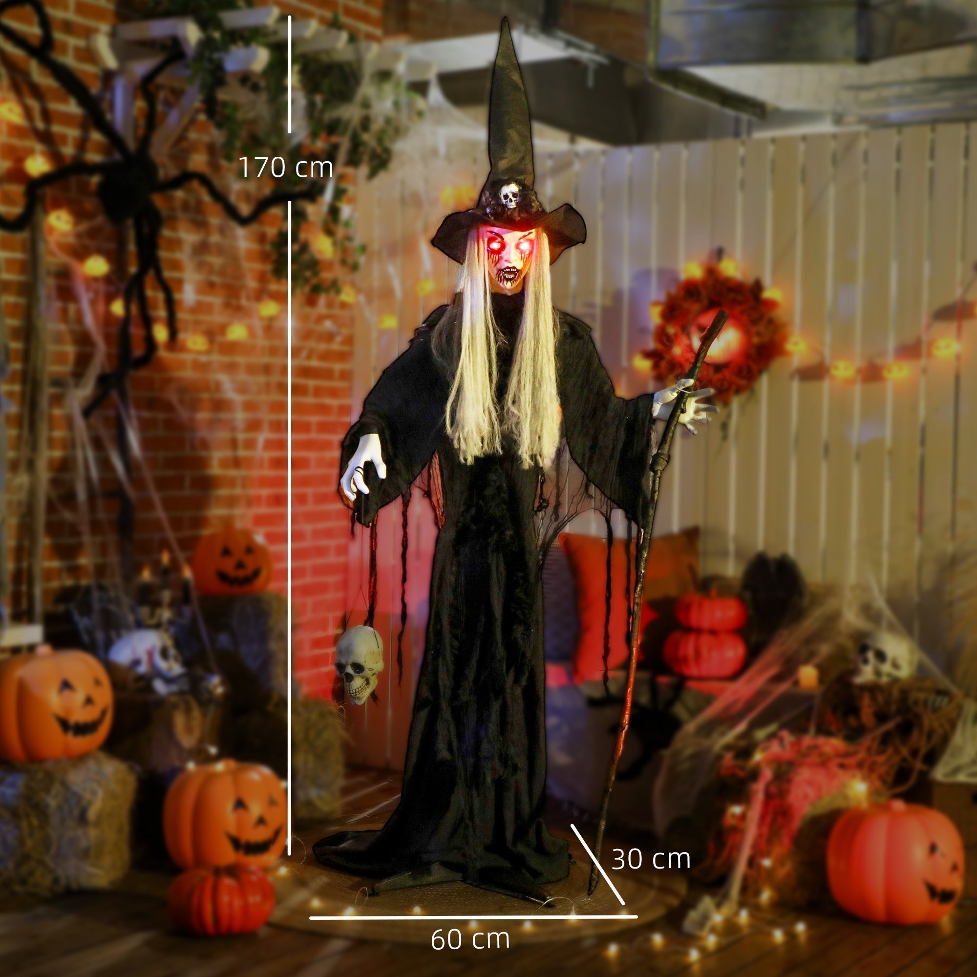 Outsunny 170 cm Life Size Halloween Animated Standing Witch & Staff with Glowing LED Eyes, Spooky Witch Scary Halloween Decorations, Battery Operated, Indoor Party Props