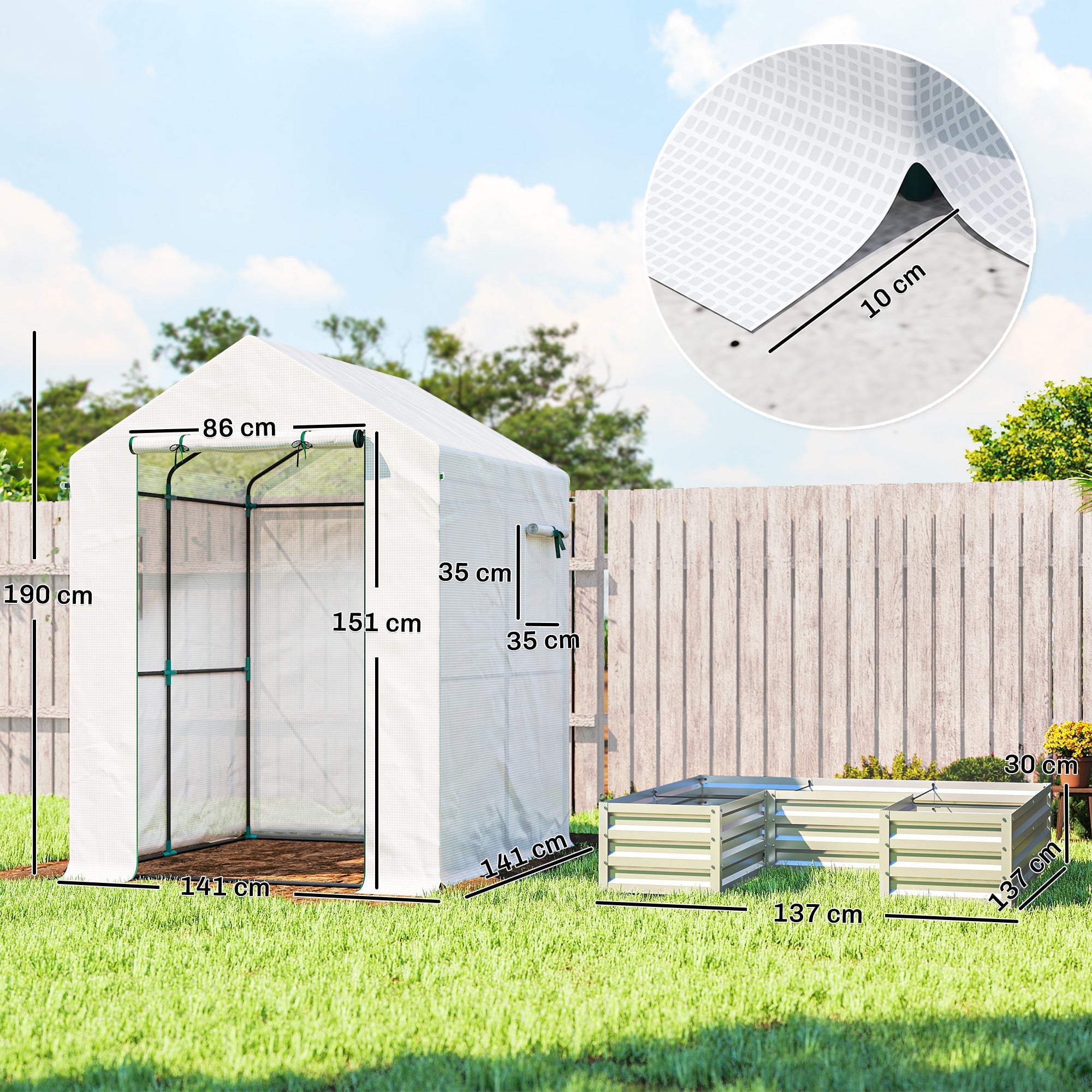 Outsunny Mini Greenhouse with Raised Garden Bed, Galvanised Walk-in Greenhouse with Roll Up Windows, 56" x 56" x 75", White