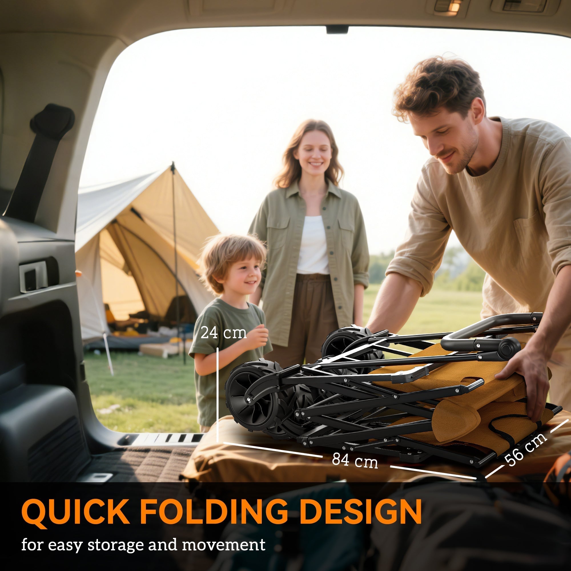 Outsunny 120L Festival Trolley on Wheels, Folding Camping Trolley Cart with Removable Canopy, All-Terrain Wheels, Adjustable Handle, Push or Pull for Garden Beach Fishing Shopping, Orange