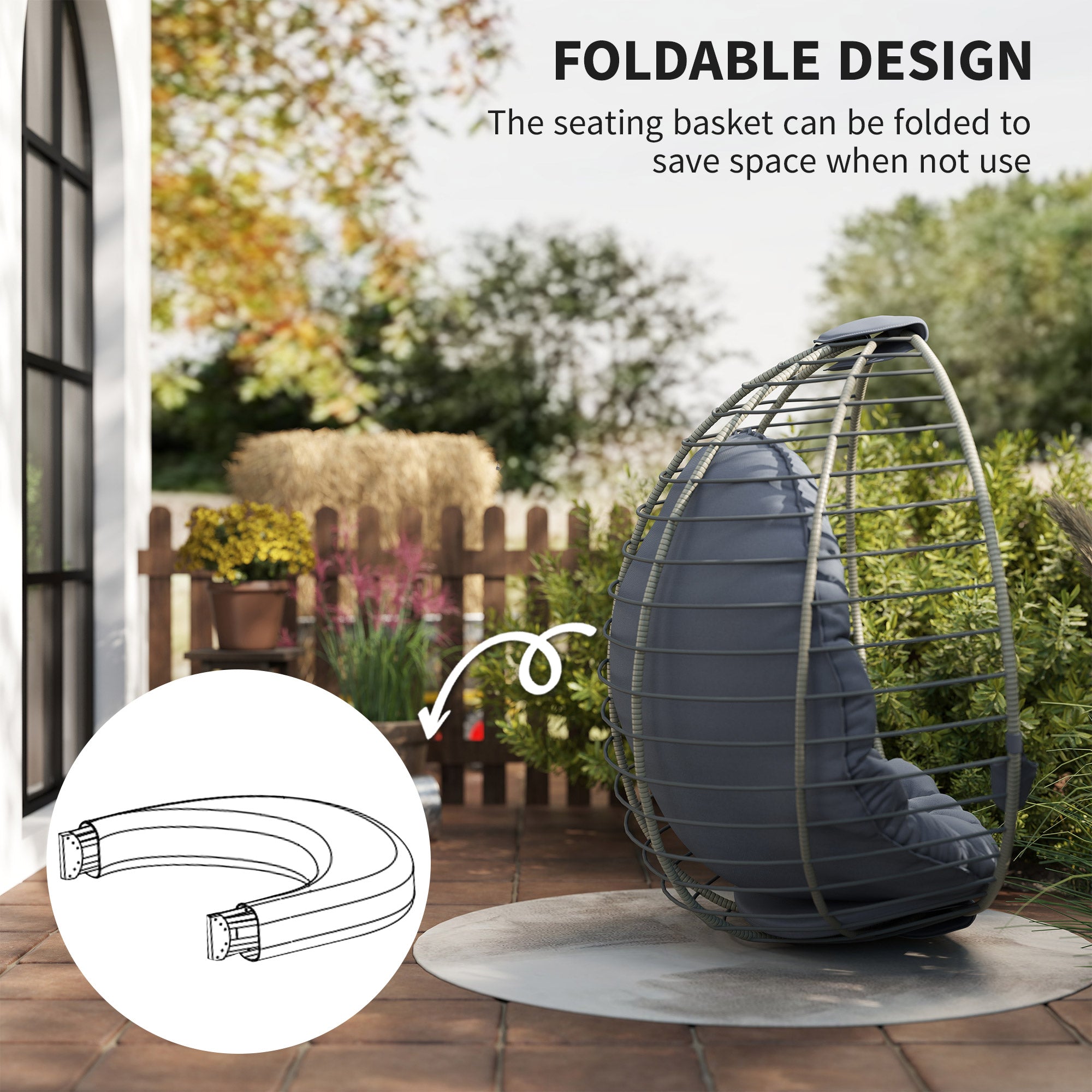 Outsunny PE Rattan Swing Chair, Outdoor Hanging Chair with Metal Stand, Thick Padded Cushion, Foldable Basket and Cup Holder, for Indoor and Outdoor, Grey